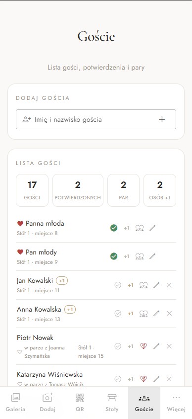 Ekran „Wirtualne zaproszenia i RSVP” w aplikacji Scatto
