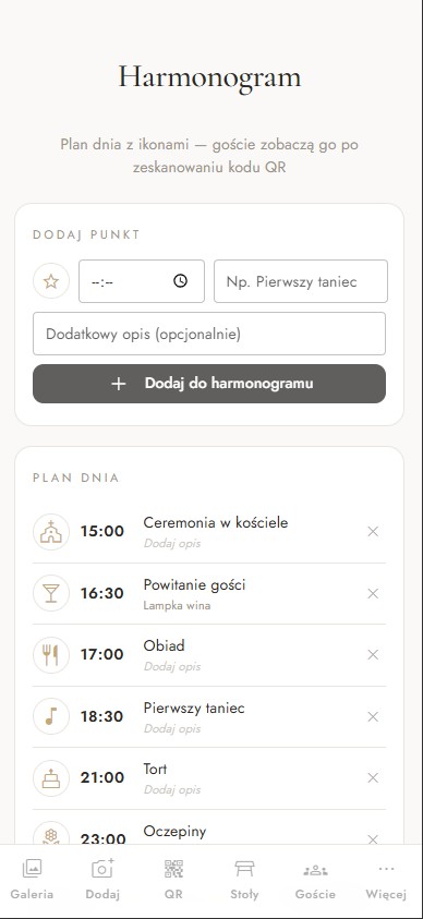 Ekran „Harmonogram i menu” w aplikacji Scatto
