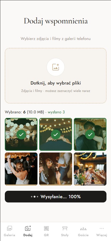 Ekran „Zbieranie zdjęć przez QR” w aplikacji Scatto